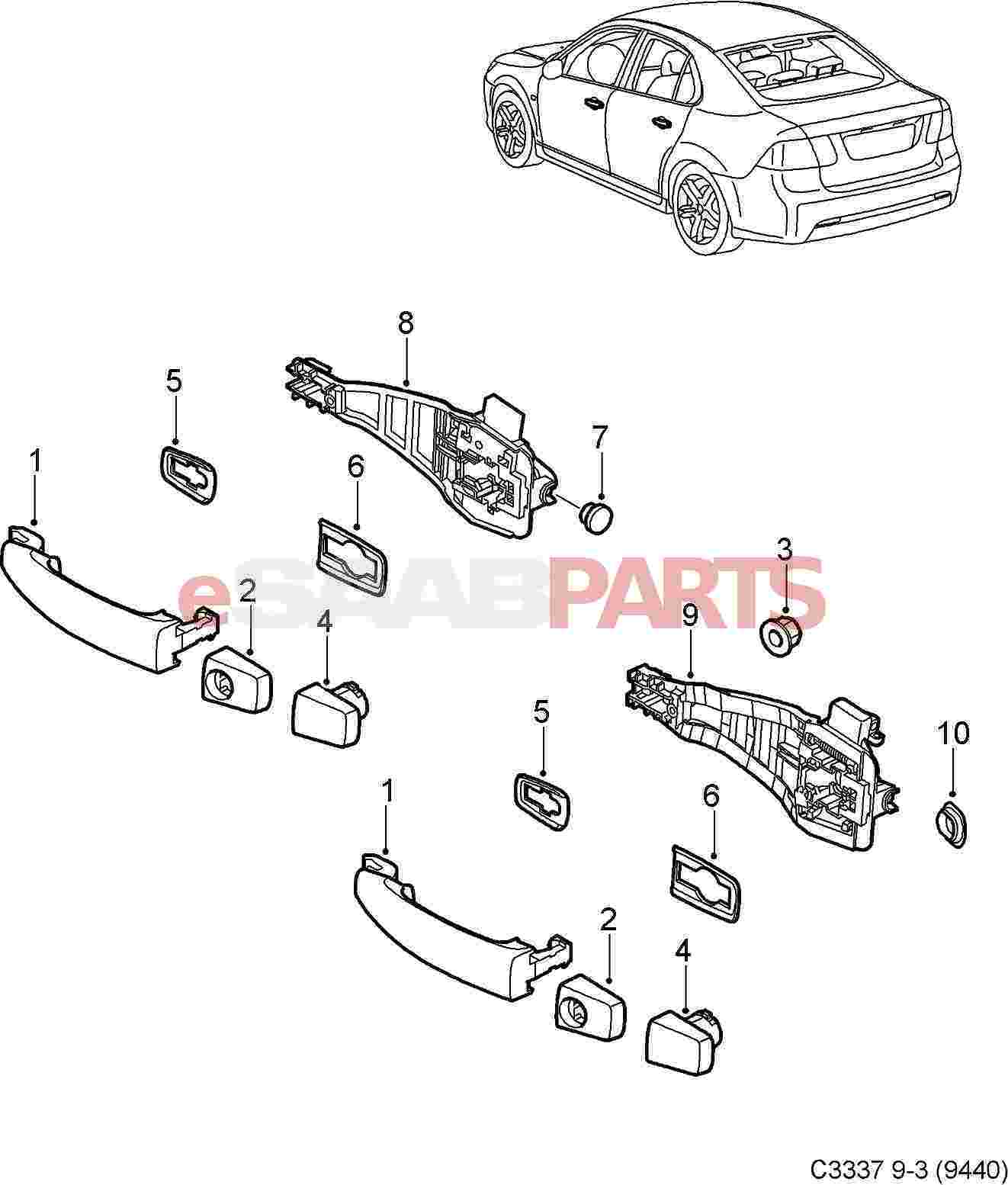  Saab 9-3 (9440) > Car Body: External Parts > Door Handles  > Door Handle - Outside (08-11, 4D/5D)